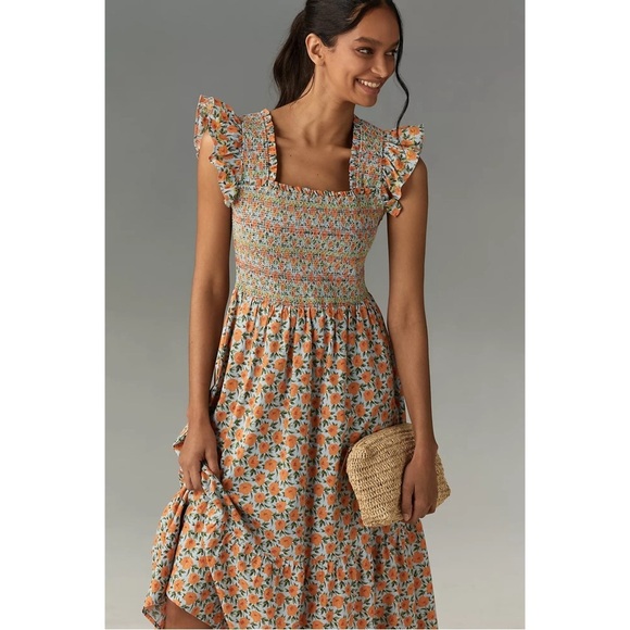 Anthropologie Floral Smocked Midi Dress Square Neck Cotton Large NWT - Picture 8 of 10